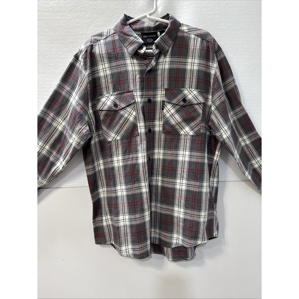 Harley-Davidson Men's Ash Gray White Red Plaid Long Sleeve Shirt Size Large